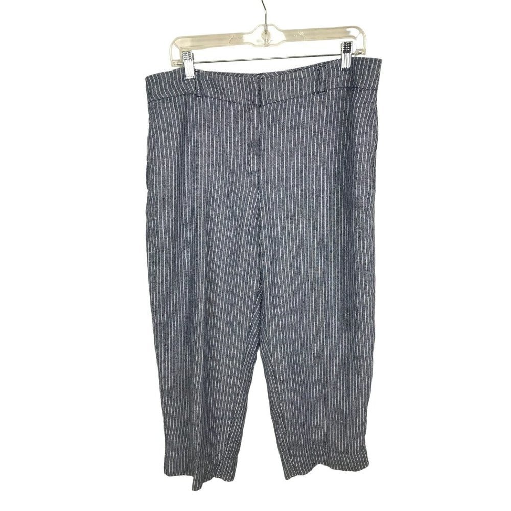 Chicos Pants Women's 12 Linen Cropped Striped Blue White